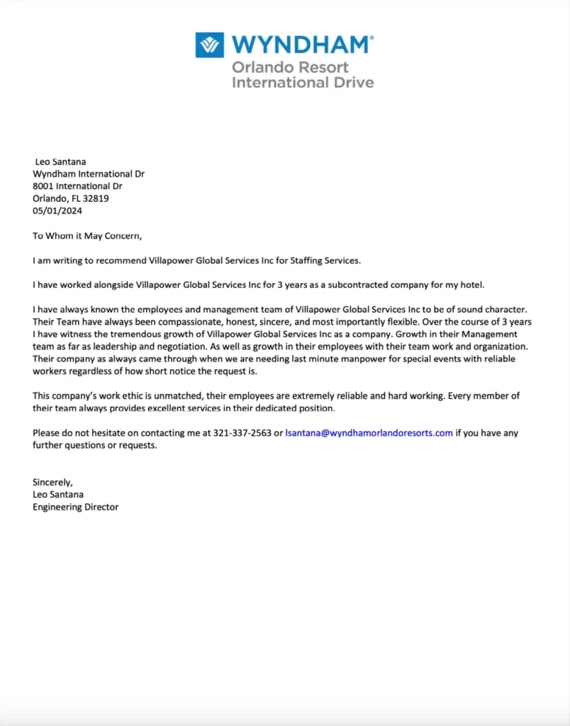 Thank you letter from Wyndham Hotel to VillaPower Global Services for providing staffing help